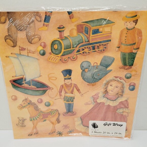 Vtg Gift Wrap Wrapping Paper Nursery Toys Train Doll Theme 3 Sheets. 20x28 - Picture 1 of 4